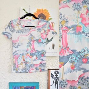 60s white pink blue novelty print art garden nylon baby tee (XS)